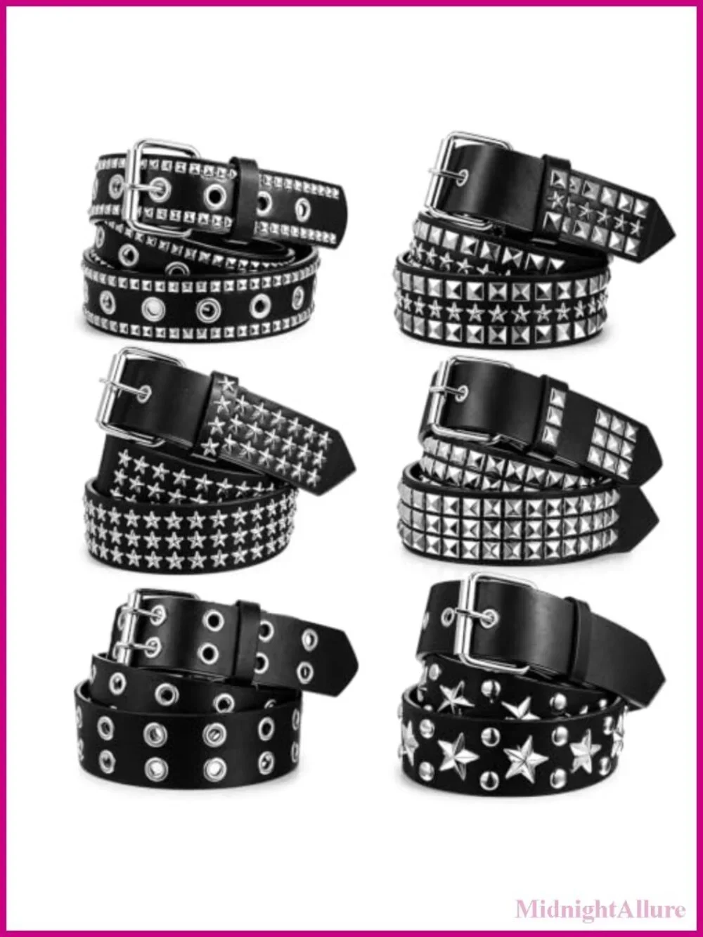 6 Pack Studded PU Leather Belts Bright Pyramid Punk Y2K Goth Cosplay